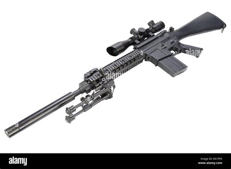 Semi Automatic Sniper Rifle With Bipod And Silencer Isolated On A White