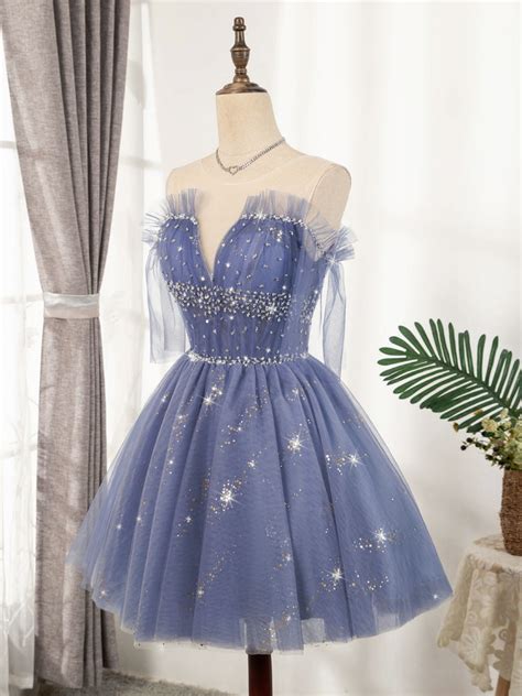 Flowy Cute A Line Blue Homecoming Dresses Short Beading Prom Dress Y00