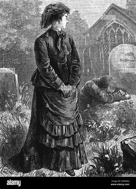illustration depicting a mother with her son visiting her daughter s grave dated 19th century