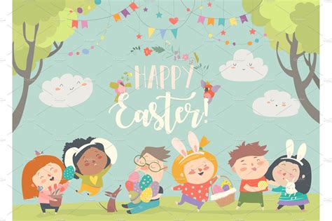 Happy Children Celebrating Easter In Custom Designed Graphic Objects