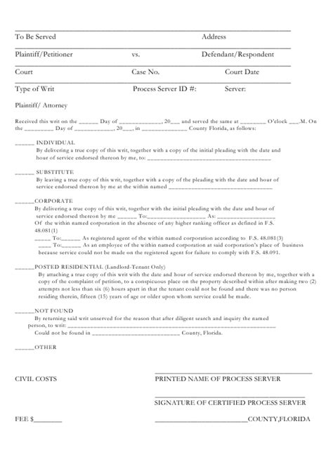 Process server need to be a responsible party and honest to the court and client. Florida Process Server Return of Service Form Download ...