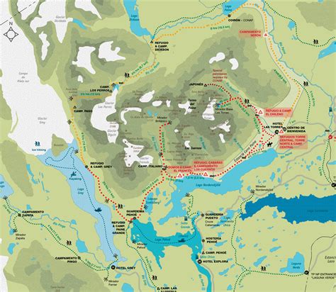 Torres del paine national park. Map and Distances | W Circuit | Fantástico Sur | Torres ...