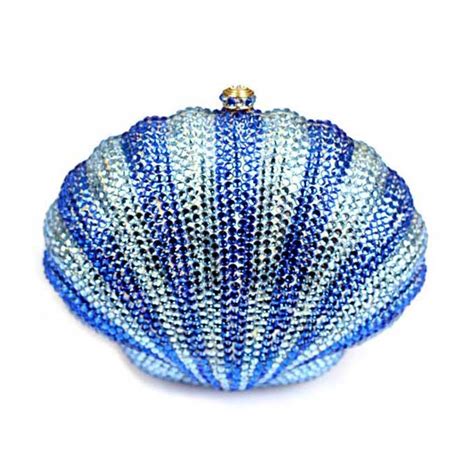 Blue Striped Shell Crystal Clutch Evening Bag