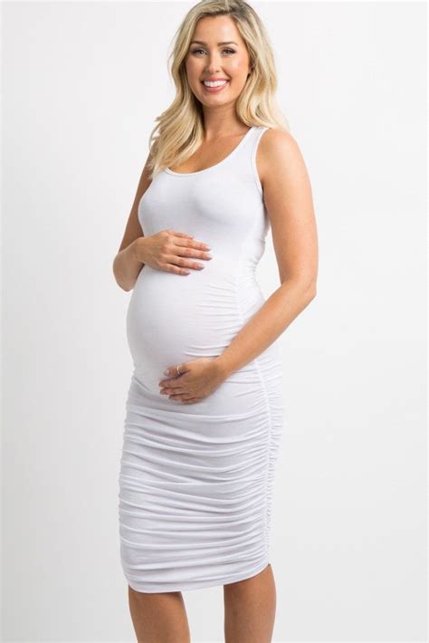 white solid ruched fitted maternity midi dress cute maternity dresses winter maternity outfits