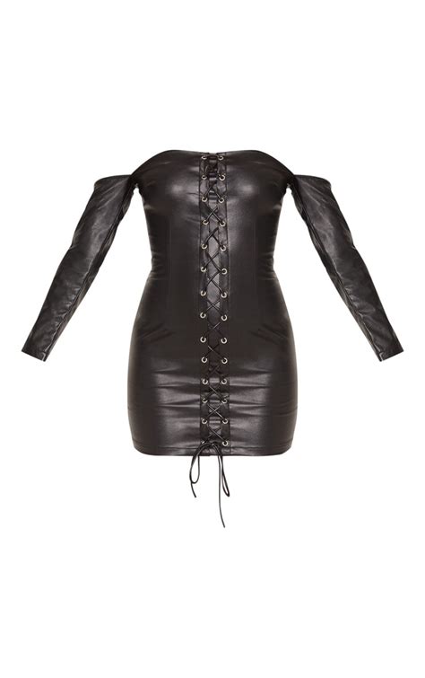 Black Faux Leather Bardot Bodycon Dress Prettylittlething
