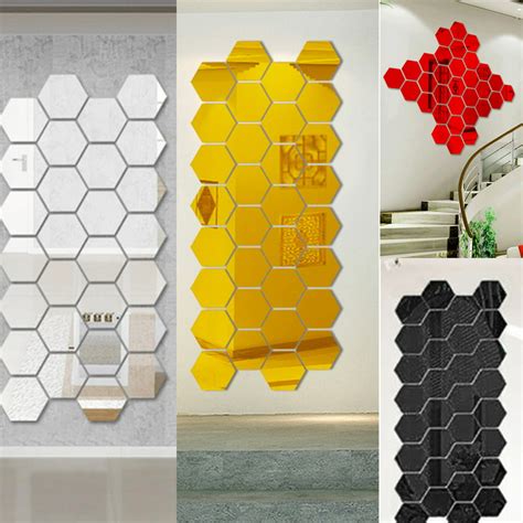 12pcs Hexagon Acrylic 3d Mirror Wall Sticker Mural Decal Self Adhesive
