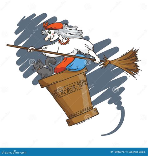 Baba Yaga Flying In A Mortar With Cat And Broomstick In The Night