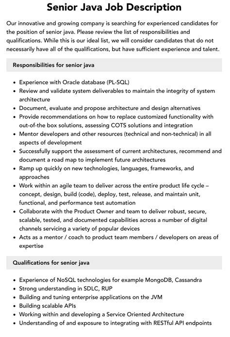 Senior Java Job Description Velvet Jobs