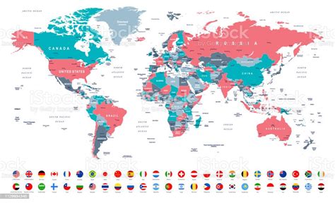 World Map And Most Popular Flags Borders Countries And Cities