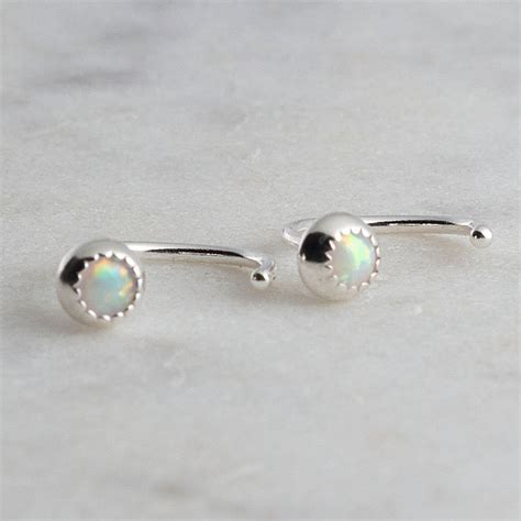 Opal Stone Hugging Hoop Tiny Sterling Silver Earrings 3mm 19 Etsy