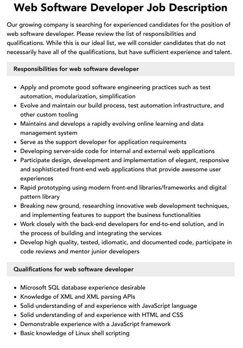Web Software Developer Job Description Velvet Jobs
