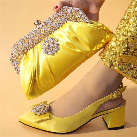 New Fashion Yellow Women Pumps Match Handbag With Rhinestone African High Heel Shoes And Bag Set