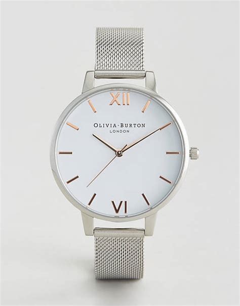 Olivia Burton Silver Large White Dial Mesh Watch Asos