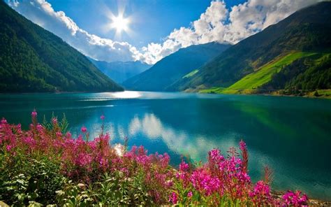 Body Of Water Nature Landscape Mountains River Sun Clouds Pink