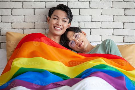 Happy Asian Gay Couple Talking Together And Relaxing At Home On Bed Lgbtq Concept 10279993