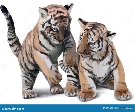 Two Little Tigers Playing Stock Illustration Illustration Of Portrait