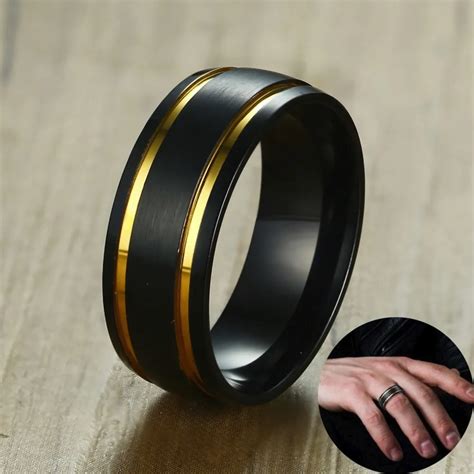 Men Brushed Black Wedding Band Gold Tone Double Grooved Ring 8mm