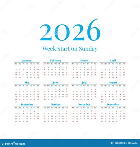 2026 Calendar With The Weeks Start On Sunday Stock Vector