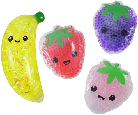 Set Of 4 Banana And Strawberry Fruit Water Bead Filled Squeeze Stress Ball Sensory Stress