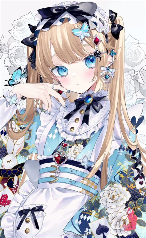 1girl Jewelry Solo Apron Blue Eyes Butterfly Long Hair Illustration Images