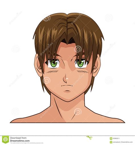 Portrait Face Manga Anime Boy Brown Hair Green Eyes Stock