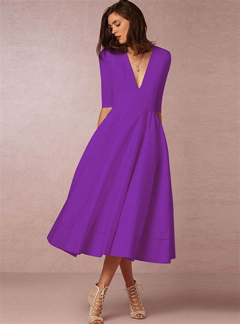 Vintage Solid Color V-neck Half-sleeve Maxi Dress | Fancylooks