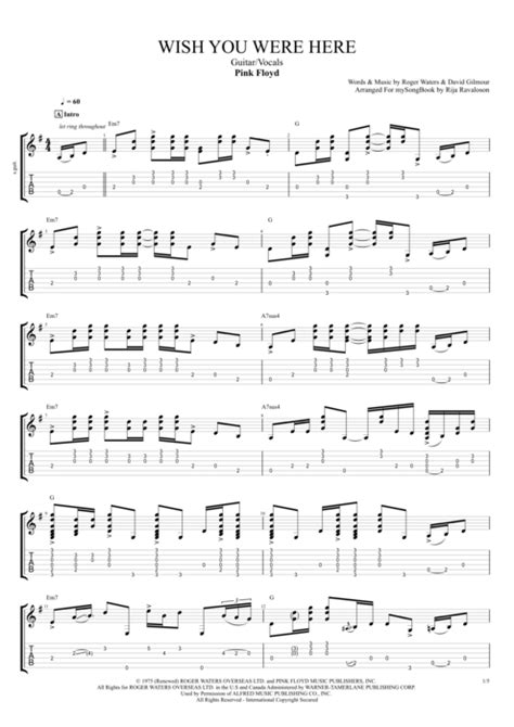 Wish You Were Here By Pink Floyd Guitarvocals Guitar Pro Tab