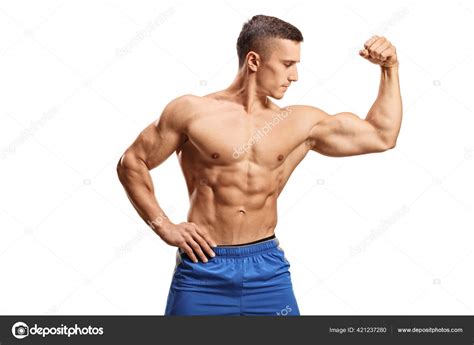 Strong Muscular Guy Flexing One Bicep Muscle Isolated White Background