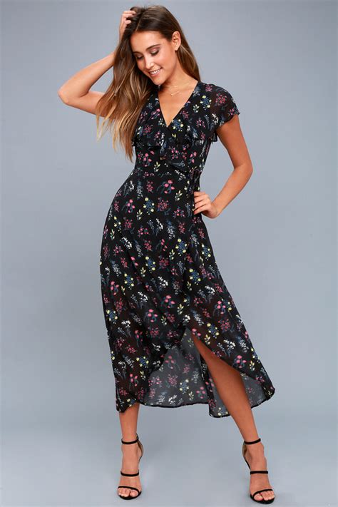 Lovely Black Floral Print Dress Midi Dress Wrap Dress Lulus