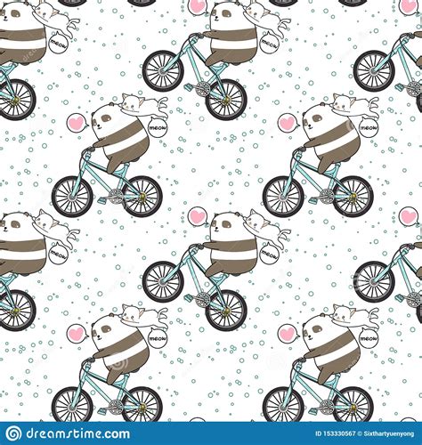 Seamless Kawaii Panda Is Riding A Bicycle With A Cat Pattern Stock