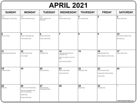 National Calendar April 2021 Printable March