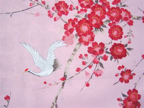 Crane Sakura Cherry Blossom Fabric Cotton Japanese Kimono Etsy Sakura Cherry Blossom Kimono