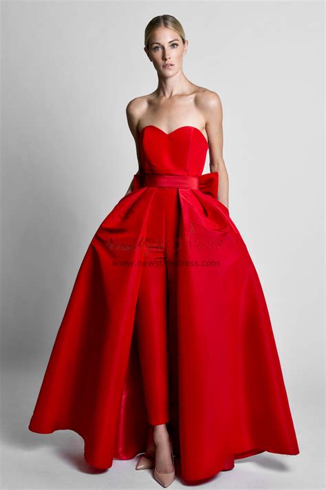 Red Satin Wedding Jumpsuit Dresses With Detachable Train Wps 166
