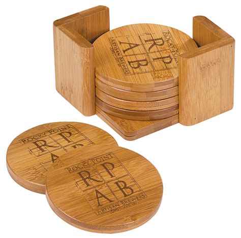 6 Pc Round Bamboo Coaster Set With Holder And Laser Etching
