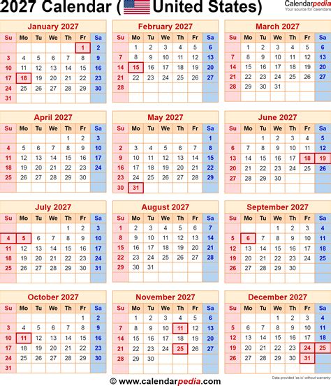 2027 Calendar For The Usa With Us Federal Holidays