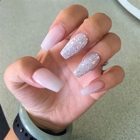 Introducing Coffin Pink And White Ombre Nails With Glitter For A