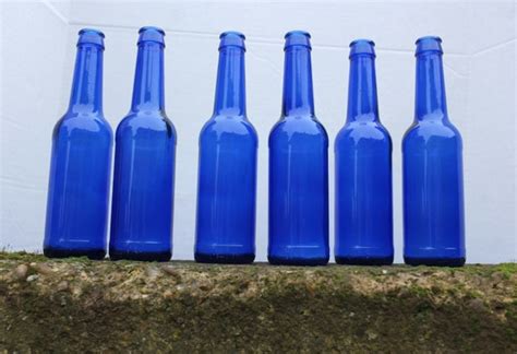 Vintage Cobalt Blue Glass Beer Bottles 6 Blue Bottles Sitting