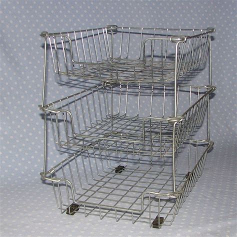 Vintage Office Wire Basket Paper Tray Stacking Triple Decker
