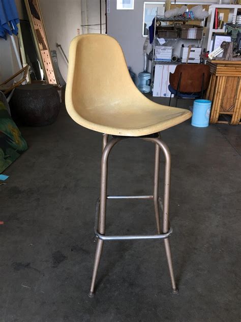 Mid Century Eames Style Fiberglass Shell Swivel Bar Stool Pair For