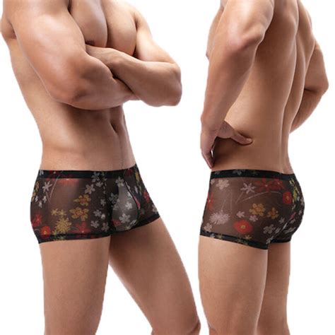Print Sheer Boxer Brief Mens Underwear With Pouch 5 Colors Available