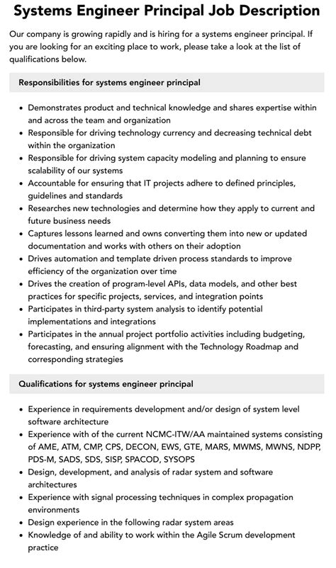 Systems Engineer Principal Job Description Velvet Jobs