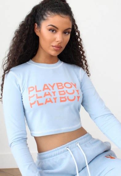 Playboy X Missguided Blue Triple Logo Contrast Stitch Crop Top Casual Cropped Hem Tops