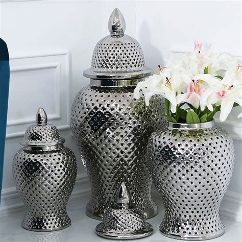 Silver Ceramic Ginger Jar Vase Home Decoration With Domed Lid 86cm