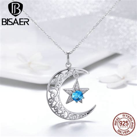 Bisaer Real Sterling Silver Moon And Star Pendant Necklaces For