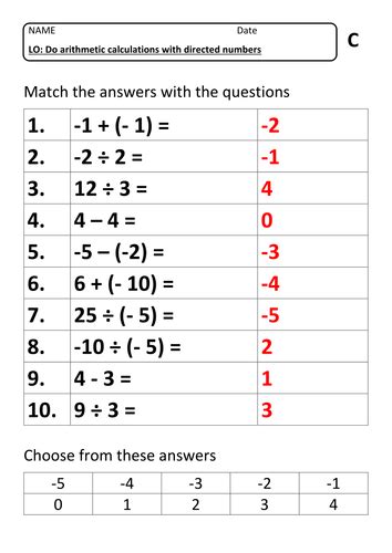 Algebraic Operations With Negative Numbers Worksheet