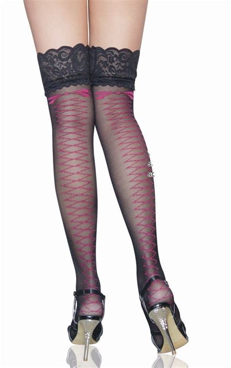 Pink Mesh Pattern Stockings Back Ribbon Wide Thigh High Sheer Lace Top