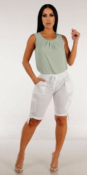 Drawstring Waist White Cargo Bermuda Shorts With Sleeveless Sage