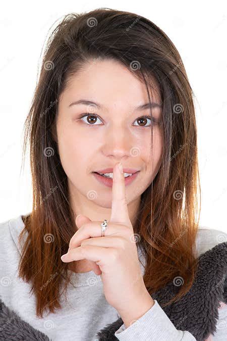 Woman Young Asking For Silence Or Secrecy With Finger On Lips Shh Hand