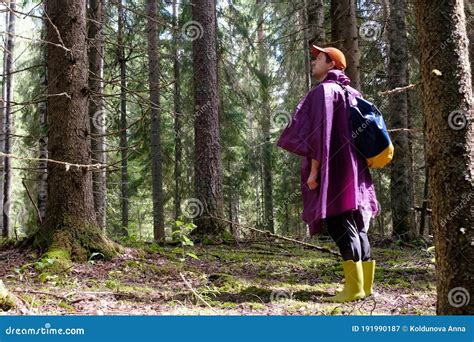 Excursionista Masculino Mirando Al Costado Caminando Por El Bosque Imagen De Archivo Imagen