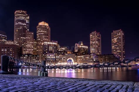 Boston Harbor And Financial District Skyline At Night Boston